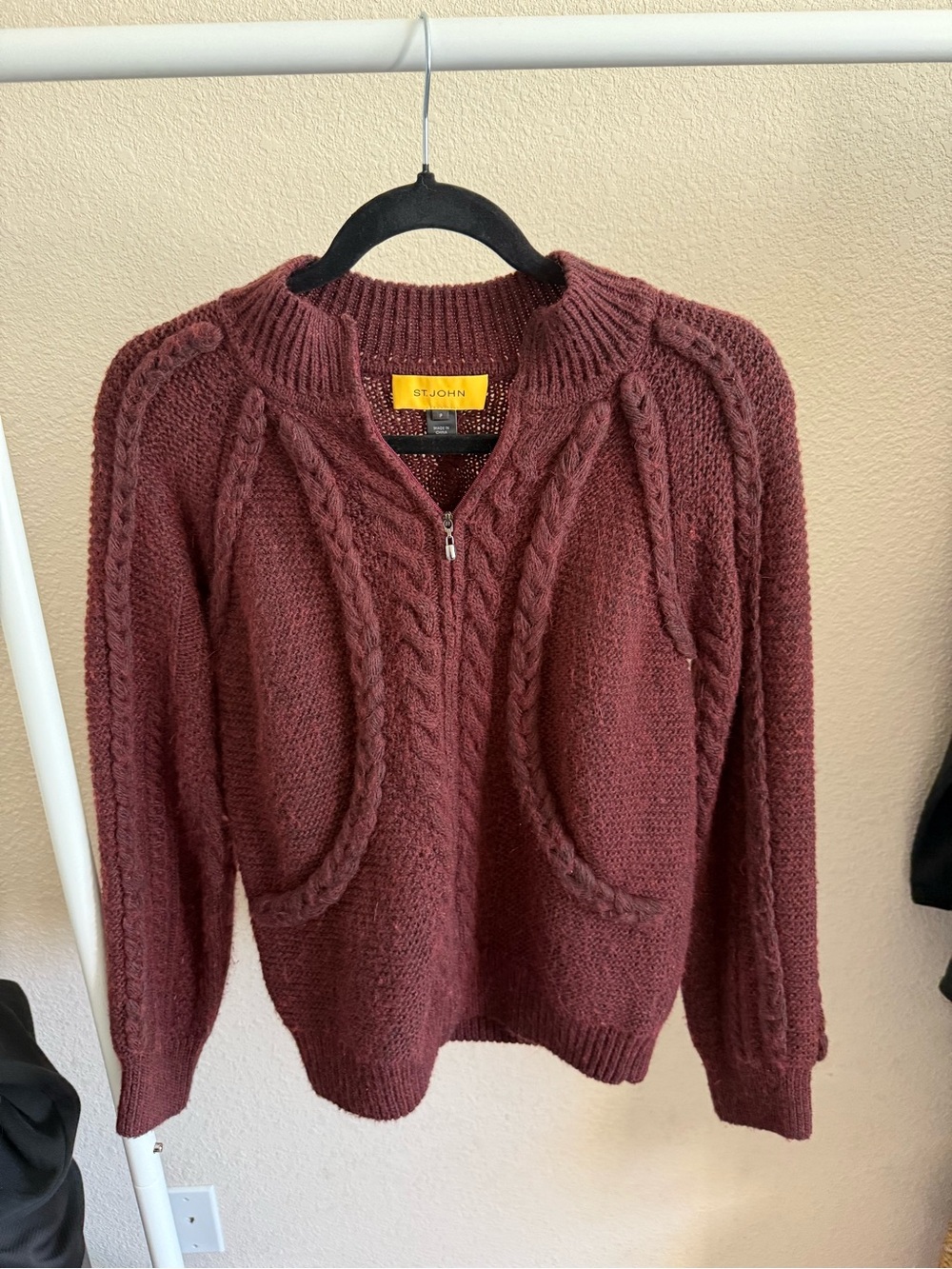 St. John Wine Cable-Knit Zip Front Sweater